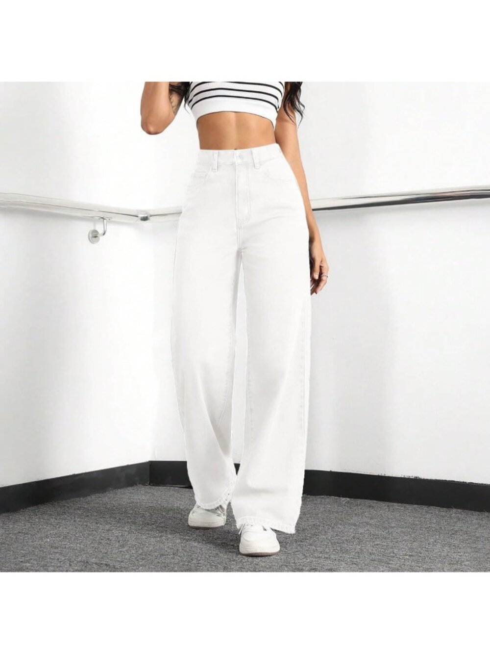 Women's White Baggy Trendy Five Pockets High Waisted Wide Leg Denim Pants - Picture 4 of 5